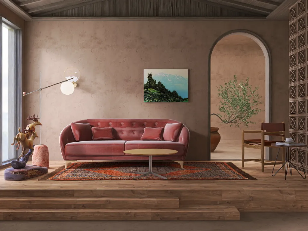 a living room with a couch and a table 