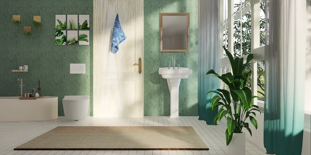 a bathroom with a white wall and a blue and white tile floor 