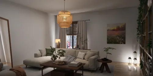 cozy living room design featuring a modern sofa arrangement with smart furniture placement in a Scandinavian style, showcasing optimal space utilization with Homestyler's real-time 3D rendering.