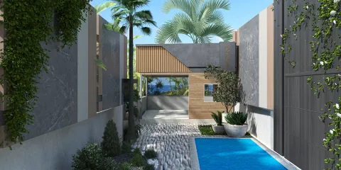 landscaped pathway with pool leading to modern outdoor space features a tropical design to enhance the backyard ambiance using Homestyler's AR virtual furniture placement.