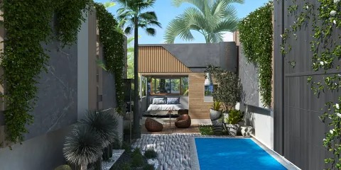 Outdoor living space featuring a swimming pool with modern landscaping, design action of optimizing relaxation areas in a contemporary style, showcasing the Homestyler's 3D rendering feature for realistic visualization.