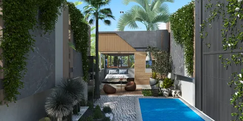 outdoor space with lush greenery and a swimming pool featuring modern landscaping and cozy seating areas, showcasing homestyler's real-time 3D rendering capabilities to visualize outdoor designs.