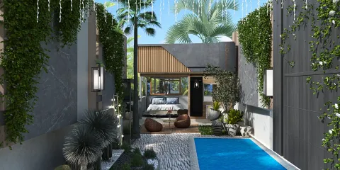 outdoor garden with modern pool design featuring tropical plants and cozy seating, showcasing a serene ambiance in the backyard, utilizing Homestyler's real-time 3D rendering for accurate visualization.