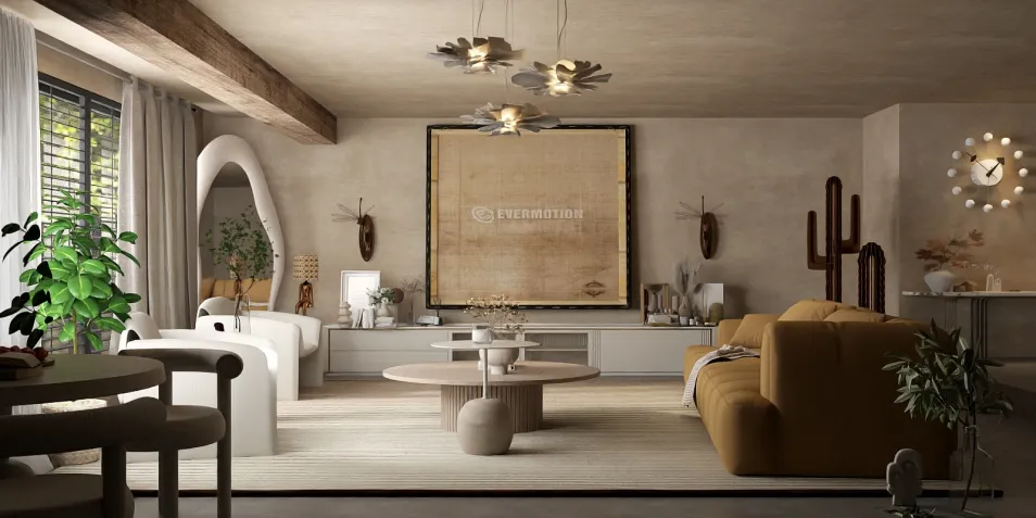 cozy living room with stylish furniture arranging in a modern organic style creating a warm atmosphere featuring a 3D interior design with Homestyler's real-time 3D rendering functionality.