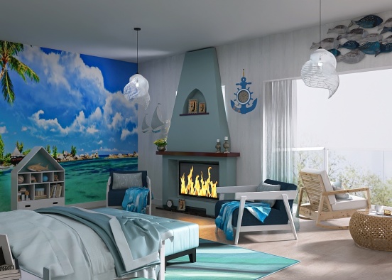 Coastal-Themed Bedroom.  Boutique Hotel Design Rendering