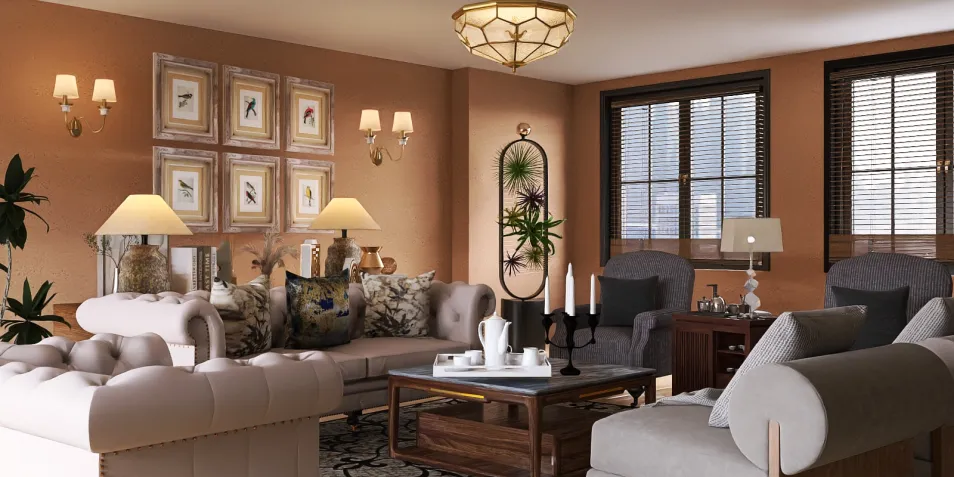 cozy living room with elegant furniture arrangement showcasing a vintage style, emphasizing interior decor for a warm ambiance, utilizing Homestyler's 3D rendering feature for design proposal visualization.