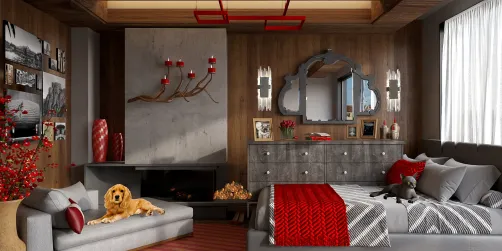 Red, Brown, Gray Bedroom 
