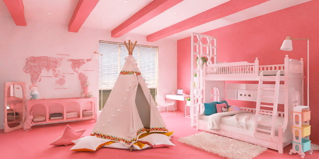 Children's room for two girls in pink 