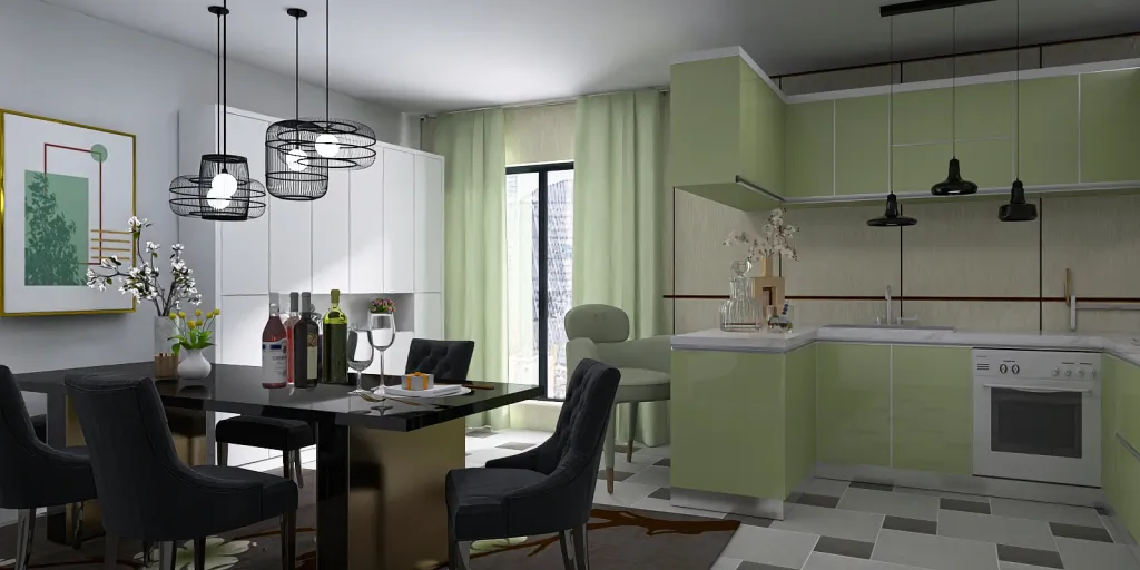 a kitchen with a table and chairs and a microwave 