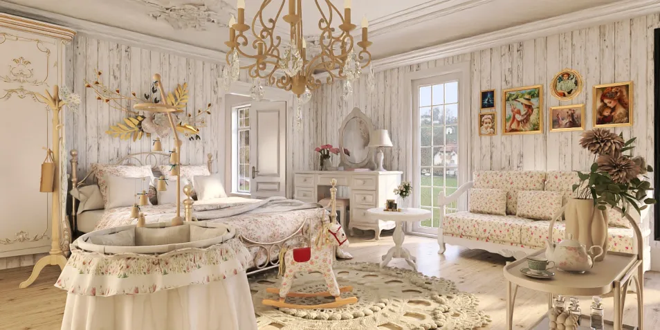 cozy bedroom with floral decor featuring a chandelier and vintage furniture, showcasing interior design with Homestyler's real-time 3D rendering for quick design previews.