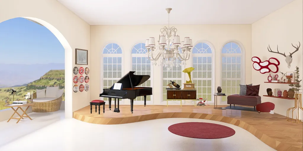 a living room with a piano and a piano chair 