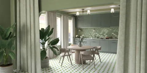 Modern kitchen design featuring green accents with smart furniture arrangement and a cozy dining space, showcasing the interior decor optimization capabilities of Homestyler.