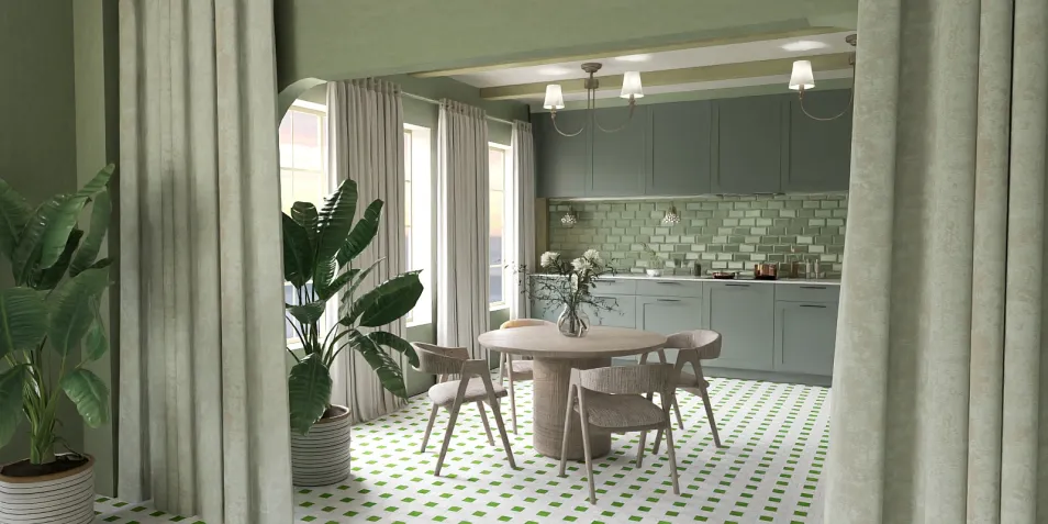 Modern kitchen design featuring green accents with smart furniture arrangement and a cozy dining space, showcasing the interior decor optimization capabilities of Homestyler.