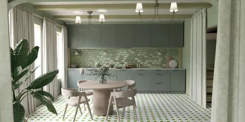 modern kitchen design featuring a round dining table, showcasing a green and white color palette, ideal for interior decor enthusiasts; utilizes Homestyler's real-time 3D rendering for quick design previews.