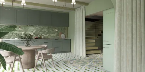 Modern kitchen with green cabinetry and patterned floor tiles, showcasing a stylish interior design using Homestyler's real-time 3D rendering feature for detailed remodeling previews.