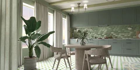 green kitchen design showcasing a round dining table with chairs in a cozy and modern style, emphasizing interior decor while utilizing Homestyler's real-time 3D rendering feature for an accurate renovation preview.
