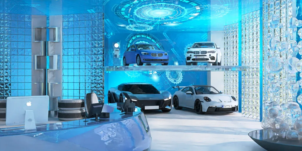 a room with a large mirror and a large blue car 