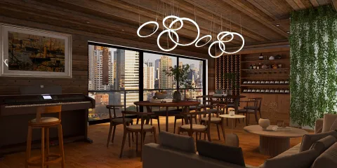 modern dining area featuring a wooden table and stylish lighting with a cozy ambiance optimizing space for family gatherings using Homestyler's real-time 3D rendering feature.