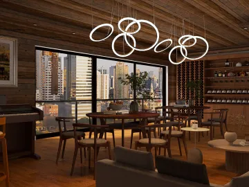 Wooden dining area featuring modern lighting design, showcasing a cozy and elegant interior decor style, optimized for space utilization with Homestyler's real-time 3D rendering feature.