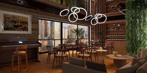 modern living room with circular lighting design, showcasing cozy seating and wooden accents, emphasizing indoor greenery and urban views, featuring Homestyler's real-time 3D rendering for design previews.