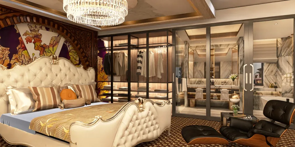 luxurious bedroom design featuring a plush bed and elegant decor showcasing a cozy atmosphere with a focus on interior decor optimization using Homestyler's real-time 3D rendering feature.