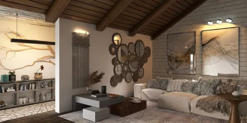 Cozy living room with rustic wooden ceiling and decorative mirrors featuring a modern interior design style; showcasing Homestyler's real-time 3D rendering for efficient design proposals.