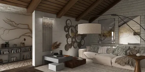 Modern living room with cozy sofa and artistic wall decor featuring circular elements, designed in a rustic style, showcasing interior decor optimization using Homestyler's real-time 3D rendering feature.