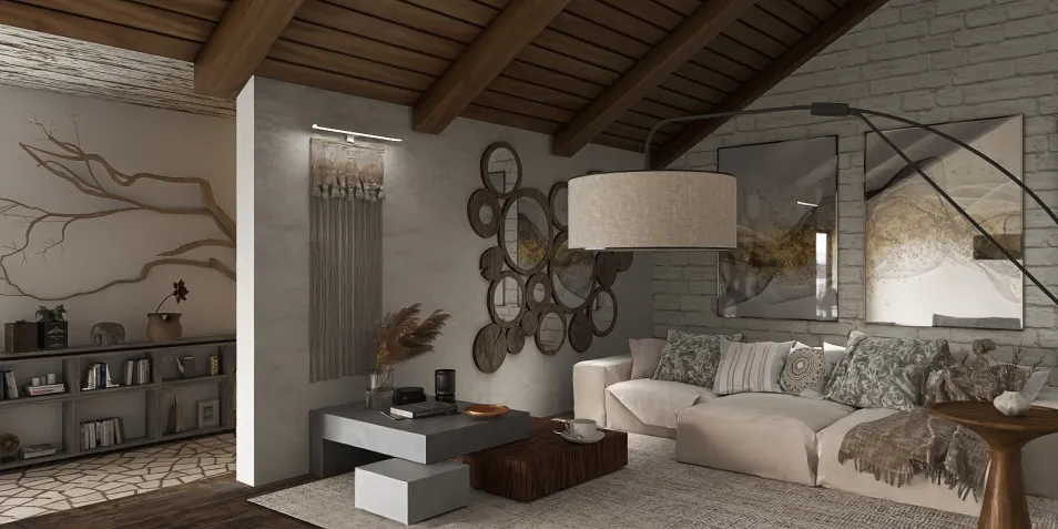 Modern living room with cozy sofa and artistic wall decor featuring circular elements, designed in a rustic style, showcasing interior decor optimization using Homestyler's real-time 3D rendering feature.