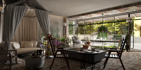 Cozy outdoor seating area featuring a modern gazebo and comfortable chairs, designed for relaxation in a natural setting with lush greenery, showcasing Homestyler's real-time 3D rendering functionality.