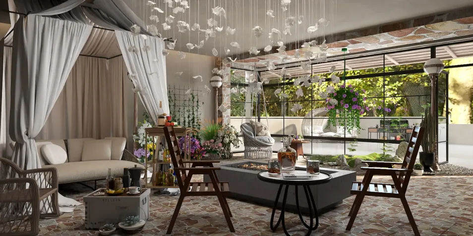 outdoor lounge area with elegant seating and decorative lighting enhancing relaxation vibes, featuring 3D interior design for outdoor spaces in Homestyler.