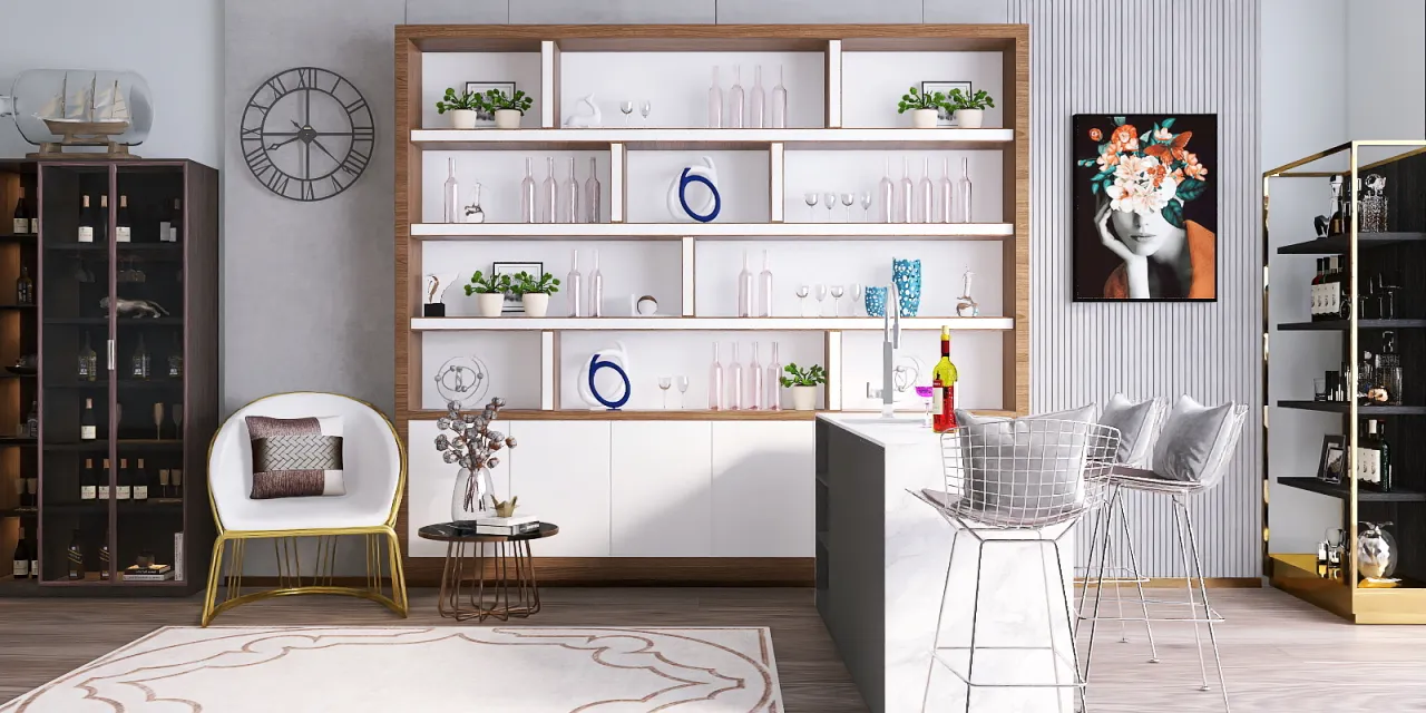 a kitchen with a shelf of books and a shelf with a vase of flowers 