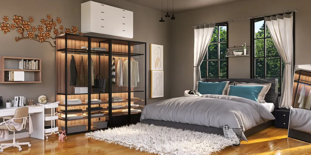 a bedroom with a bed, dresser, and a window 