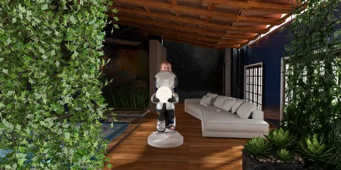 A modern living room with a child holding a round lamp, featuring a cozy sofa, vibrant greenery, and wooden ceiling beams, showcasing an interior design style perfect for a family space; using Homestyler's AR virtual furniture placement function for accurate fitting.