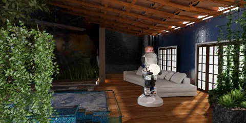 A child in a space suit holding a moon surface prop in a modern living room, showcasing an imaginative interior design style with a cozy atmosphere and green plants, featuring Homestyler's real-time 3D rendering technology.