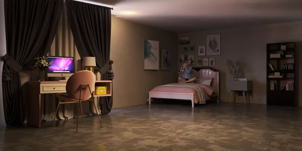 a bedroom with a bed, desk, television and a lamp 