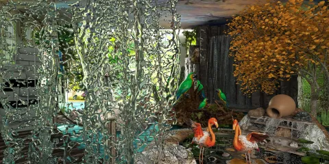Vibrant indoor tropical garden featuring cascading water, lush greenery, and exotic birds in a serene space; showcases Homestyler's real-time 3D rendering for immersive interior design.