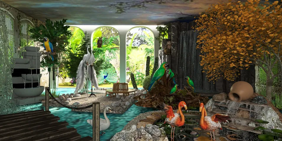 lush garden scene featuring a serene pond with flamingos, vibrant tropical birds, and ornamental foliage, designed using Homestyler's real-time 3D rendering for immersive interior decoration experiences.