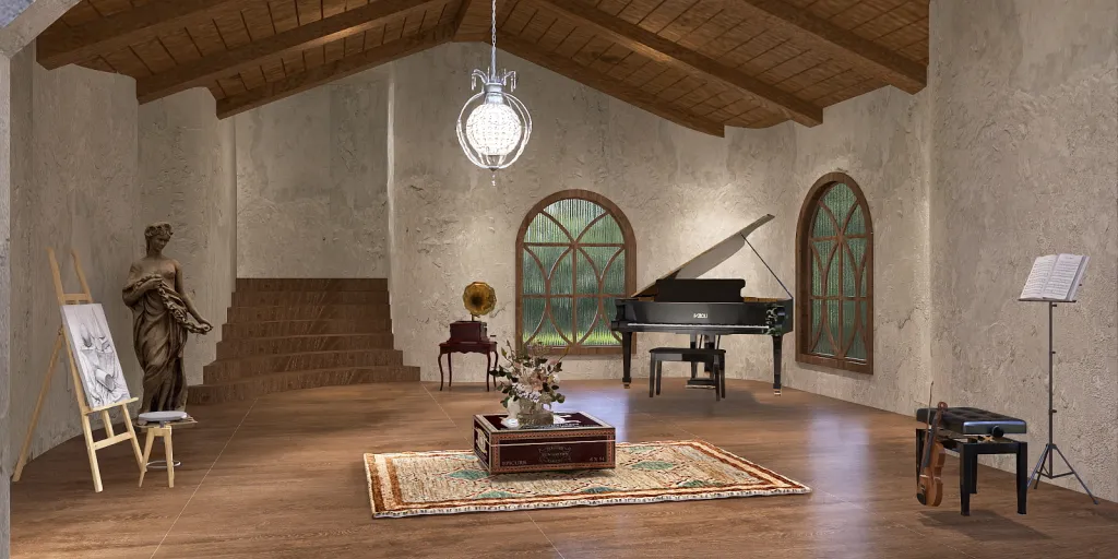 a living room with a piano and a fireplace 