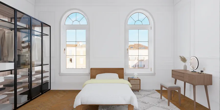 a bedroom with a bed, a window and a window sill 