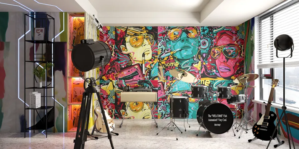 vibrant music themed room featuring a colorful mural installation with a drum set and musical instruments, showcasing a modern pop art style for an engaging and creative interior decor design, highlighting Homestyler's real-time 3D rendering capability.