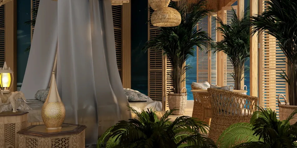 cozy seating area featuring natural woven furniture and decorative plants, enhancing relaxation in a tropical-themed interior design space, utilizing Homestyler's real-time 3D rendering for an immersive preview.