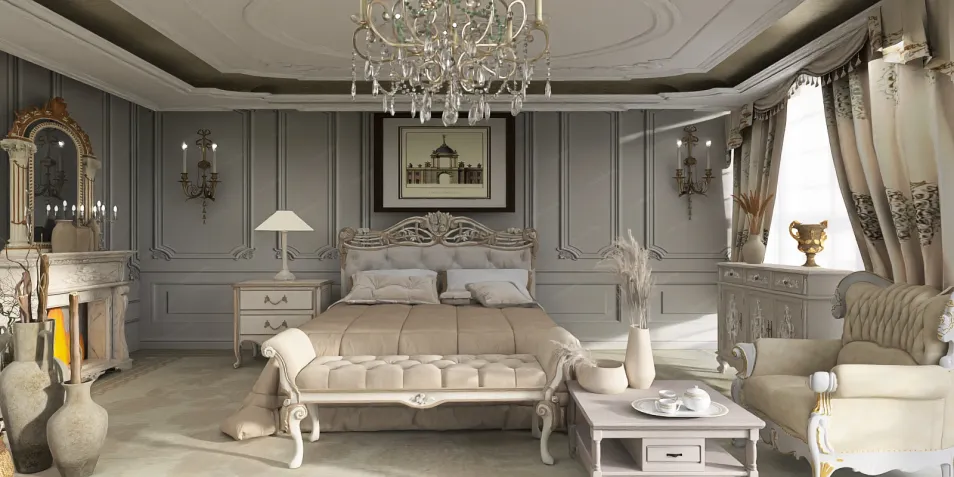 Elegant bedroom with plush furnishings and classic decor, featuring a chandelier and ornate detailing, showcasing interior design using Homestyler's real-time 3D rendering feature.