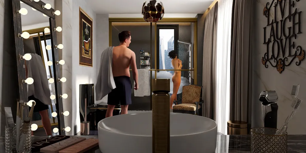 a man in a bath tub with a mirror 