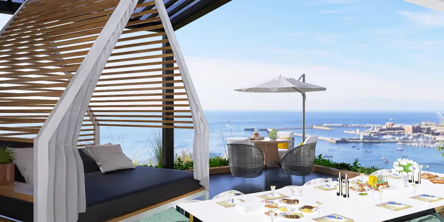 a balcony overlooking a beach with a view of the ocean 