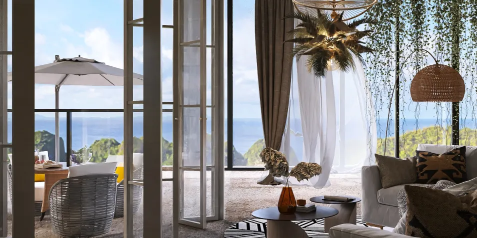 modern living room design featuring panoramic glass doors opening to a scenic ocean view, showcasing a blend of natural textures and elegant decor, utilizing Homestyler's real-time 3D rendering for visualizing interior spaces.