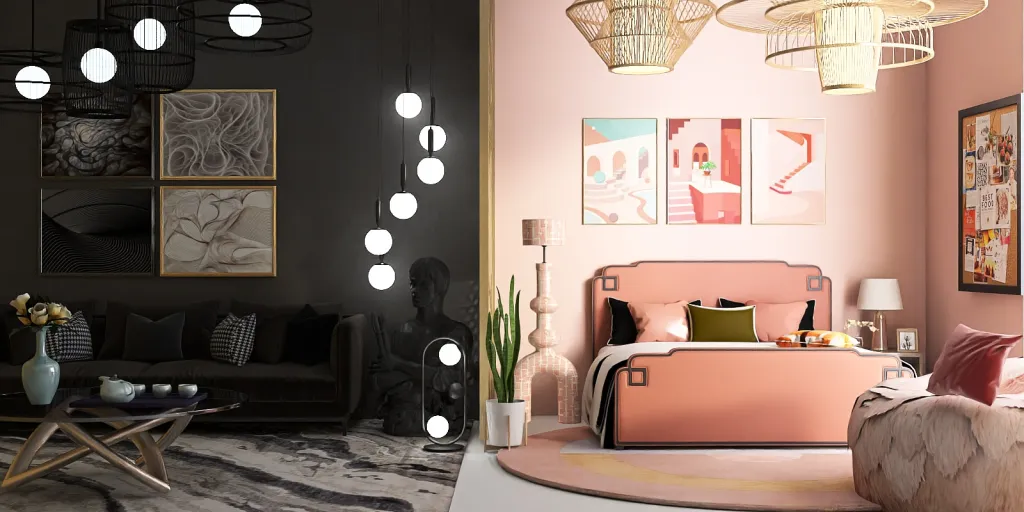 a bedroom with a bed, lamp, and a painting 