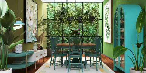 dining area with a green and teal color scheme featuring a wooden table and chairs surrounded by indoor plants and artwork, showcasing a modern interior design; utilizes Homestyler's real-time 3D rendering feature for quick visualization.