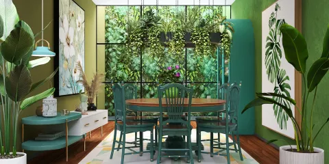 Dining room with green accents and plants, showcasing a botanical style and optimized for small spaces using smart furniture arrangement, featuring Homestyler's real-time 3D rendering functionality.