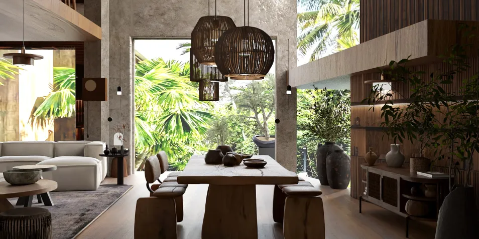 A modern dining area featuring a wooden table with natural shapes, designed for an open-plan space, showcasing a tropical indoor-outdoor style, utilizing Homestyler's real-time 3D rendering to visualize layout and decor ideas.