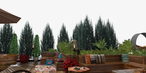 outdoor seating area with cozy cushions and decorative elements, creating a relaxing atmosphere in a garden space; features Homestyler's real-time 3D rendering for design previews.
